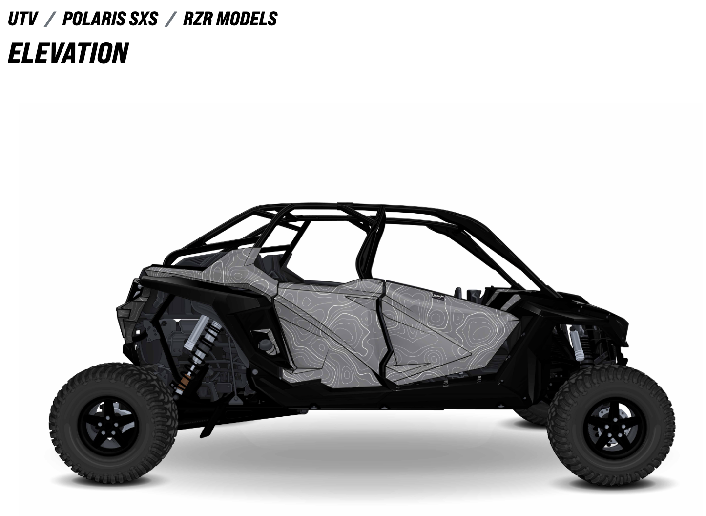 A custom Elevation wrap design for a Polaris RZR, featuring a topographic map pattern in gray and black.